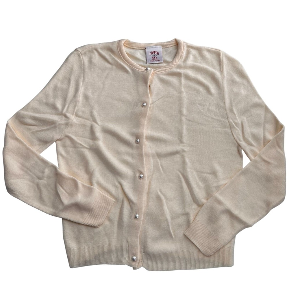 Vintage Copper Key Cream‎ Cardigan Sweater With Pearl Buttons USA Girls Read b